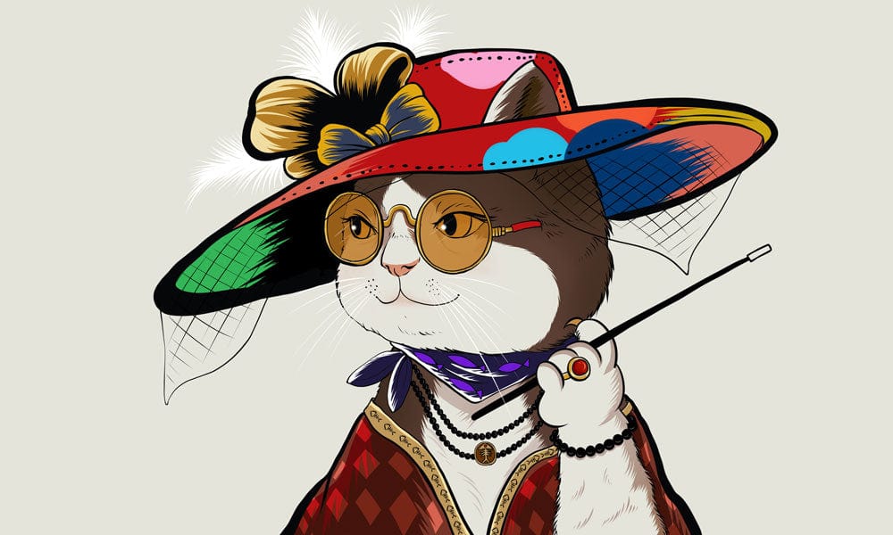 Peinture murale Dame Chat élégante avec chapeau coloré et lunettes rondes