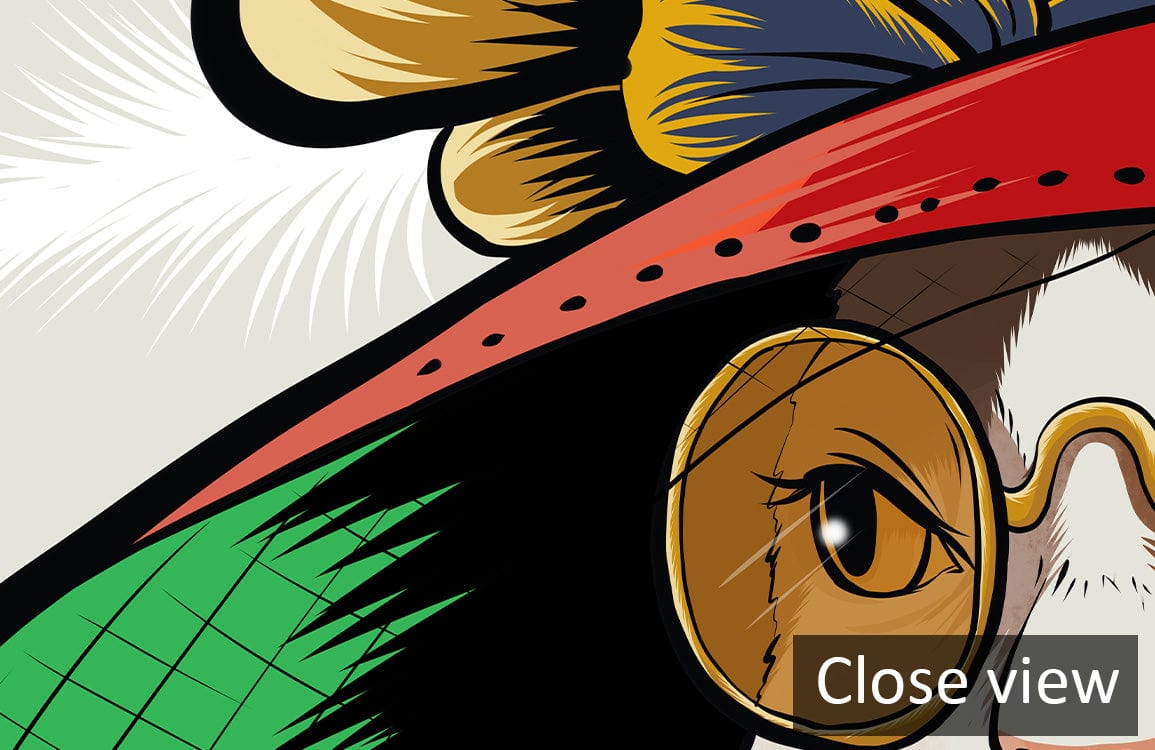 Photo d un mural dame chat avec un visage de chat cartoon portant un chapeau rouge et des lunettes rondes