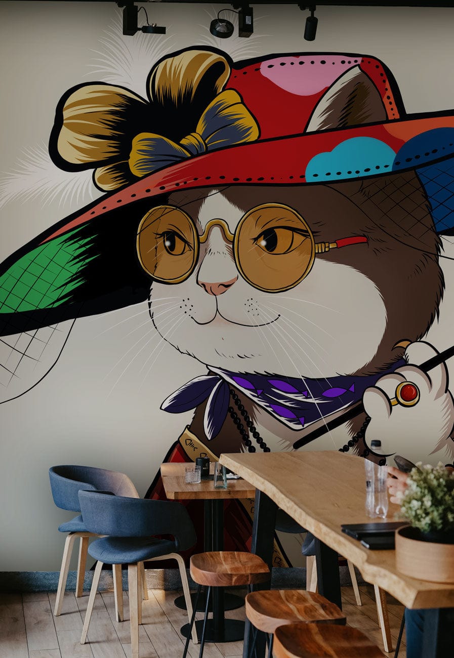 Peint mural dame avec chat, mural dame chat, papier peint mural artistique et whimsical