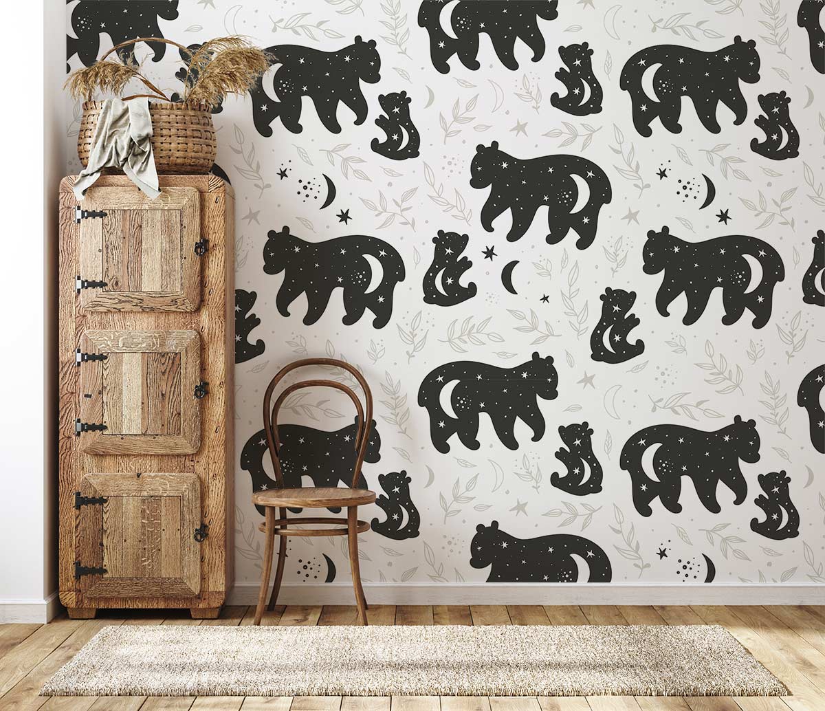 Papier peint mural d’animaux brillants avec ours noirs et éléments célestes sur fond blanc
