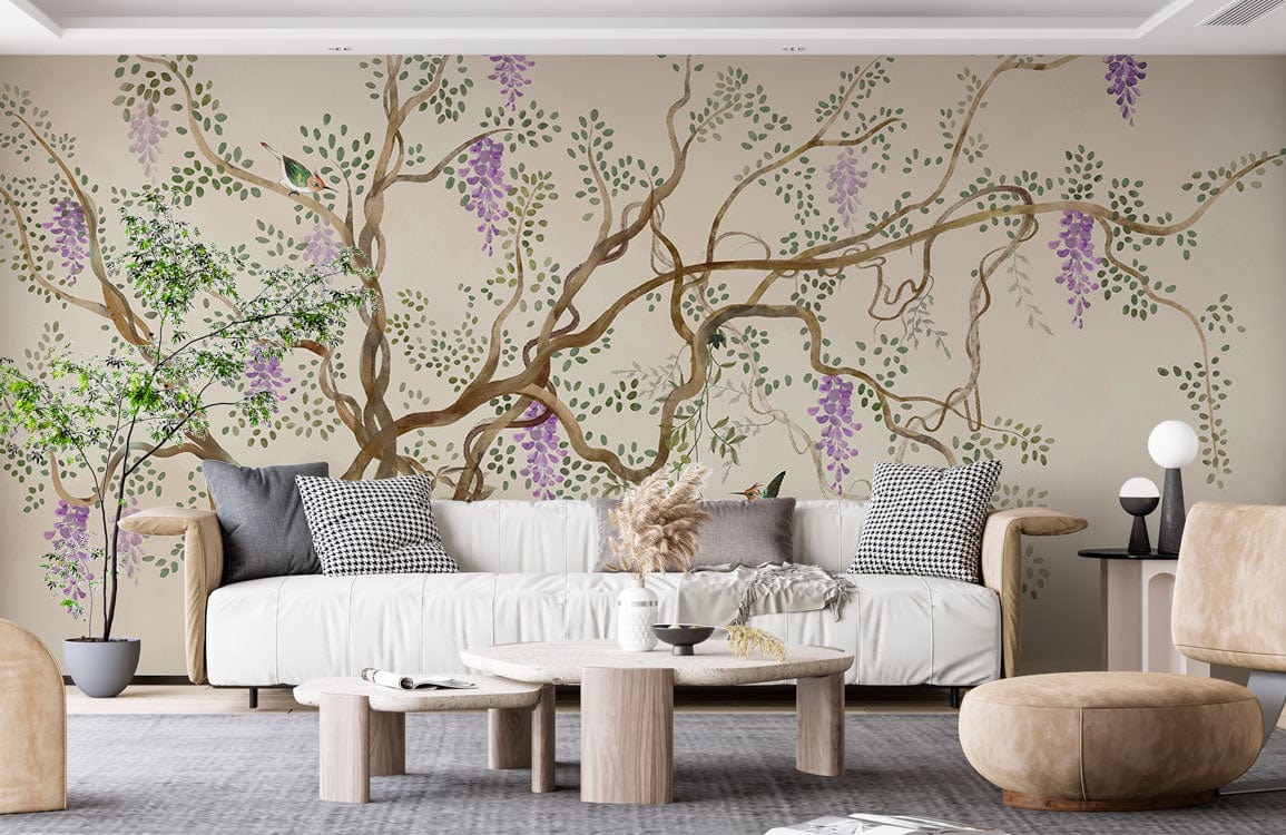 Décor contemporain avec murale glycine vintage sur papier peint mural d’arbre