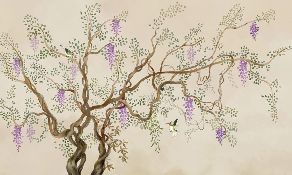 Peint mural d’arbre avec glycine vintage et oiseaux, muralale glycine vintage