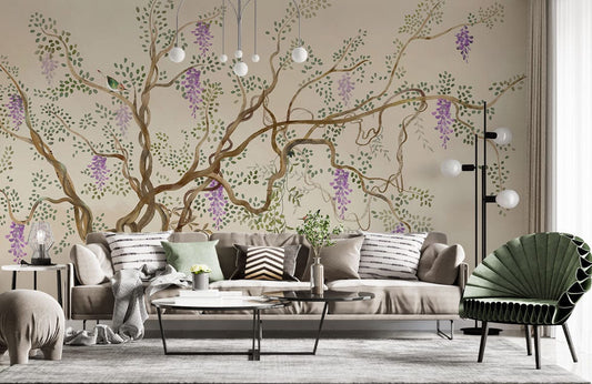 Salle moderne avec canapé et fauteuil murale glycine vintage en papier peint mural