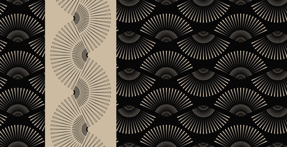 Peinture murale d’art abstrait avec motif fan Art Deco en noir et beige