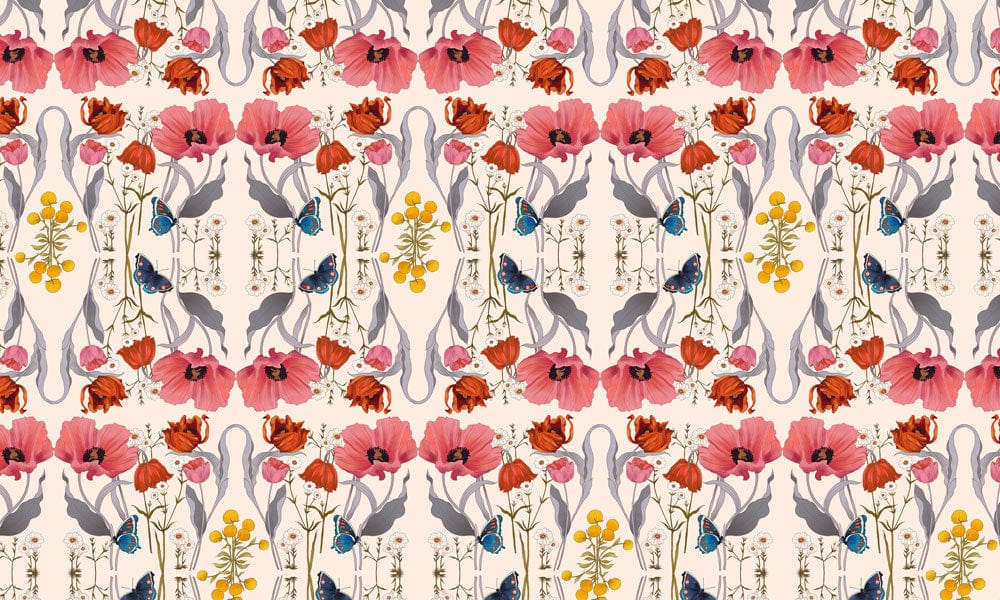 Papier peint mural d’art avec motif floral de poppies et papillons sur fond crème