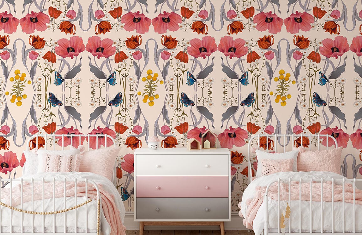 Photo d’un mur d’art peint mural d’art dans une chambre d’enfant avec lits jumeaux blancs