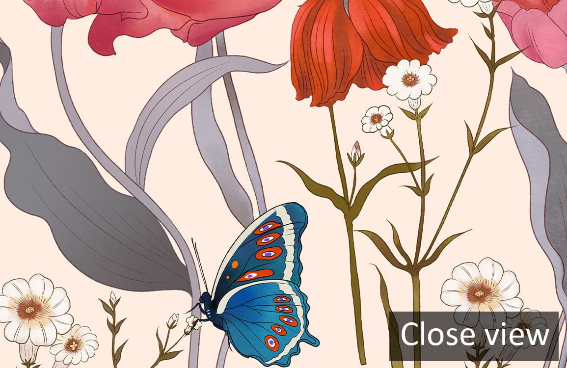 Papier peint mural d’art avec un papillon bleu vibrant et motifs orange et noir