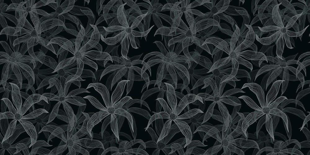 Papier peint mural d’art linéaire floral avec motif de fleurs blanches sur fond foncé