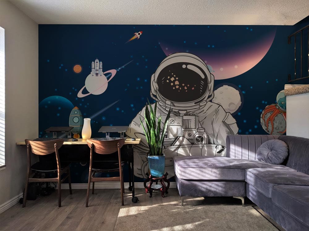 Papier peint mural d’astronaute avec scène spatiale, planète et astronaut pour déco