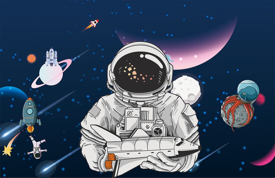 Photo d’un astronaute en combinaison spatiale tenant une navette spatiale, mural d’astronaute