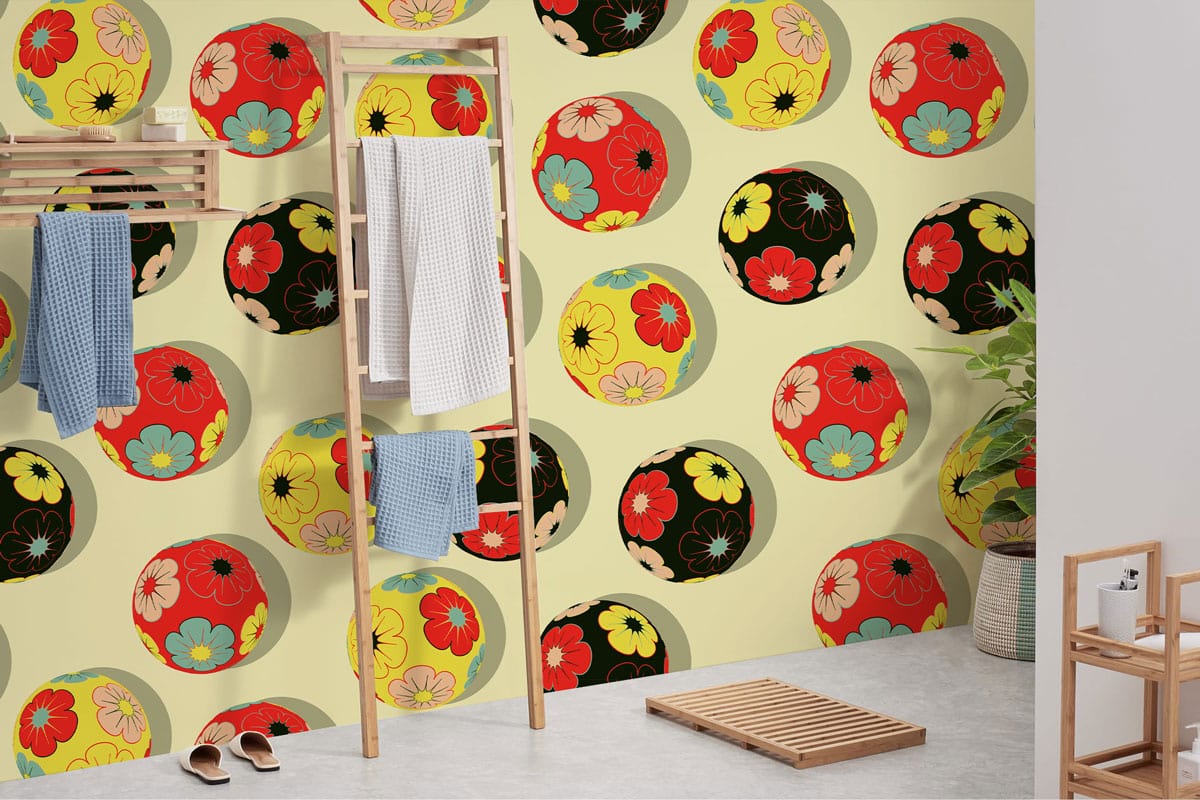 Papier peint mural coloré avec motif floral de balles brodées en rouge, noir et jaune
