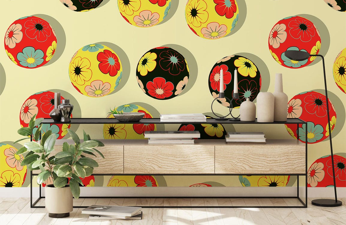 Media console moderne en bois avec cadre métal noir, idéal avec papier peint mural coloré