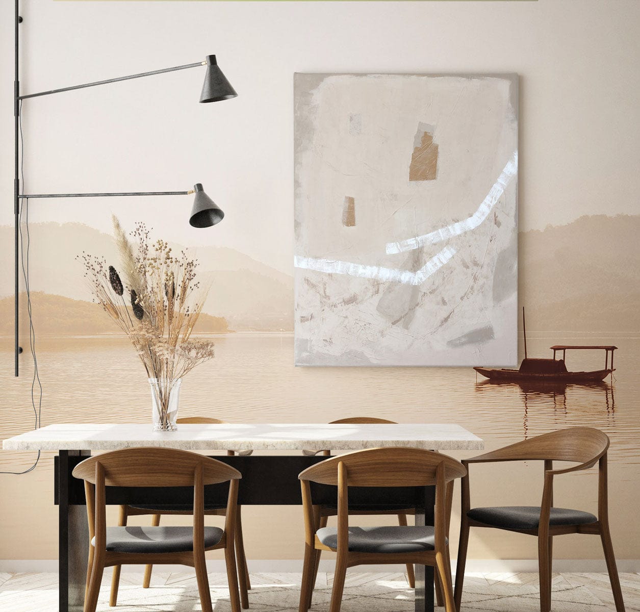Papier peint mural de bateau sur le lac dans une salle avec table à manger et art abstrait