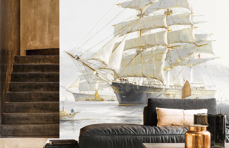 Papier peint mural de bateaux de navigation avec voiliers sur l’eau pour décoration intérieure
