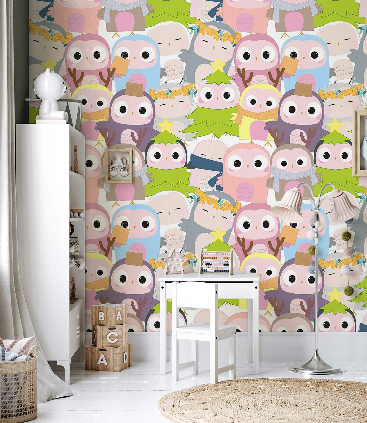 Papier peint mural de bébés hiboux colorés - Le meilleur Papier peint panoramique Sur mesure