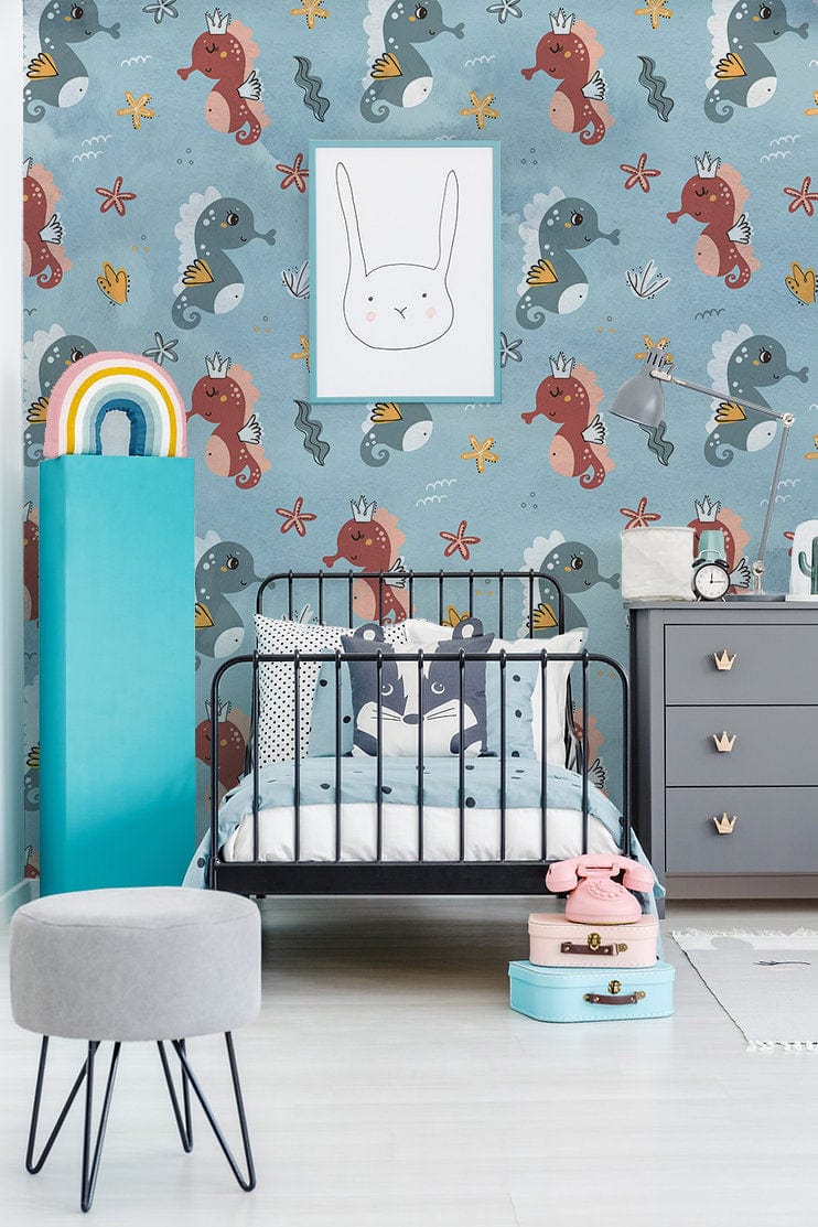 Papier peint mural pour chambre d’enfants avec hippocampe et cadre en métal noir