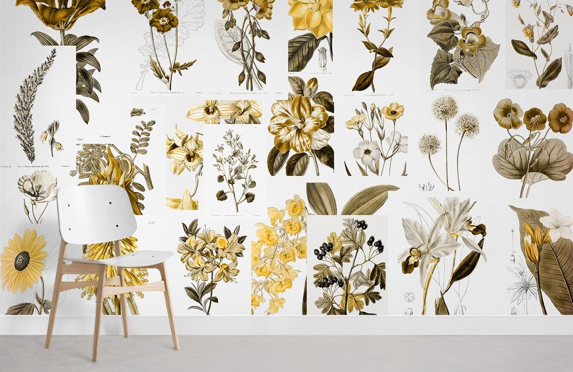 Chaise en bois blanc avec cadre en bois clair sur papier peint mural botanique