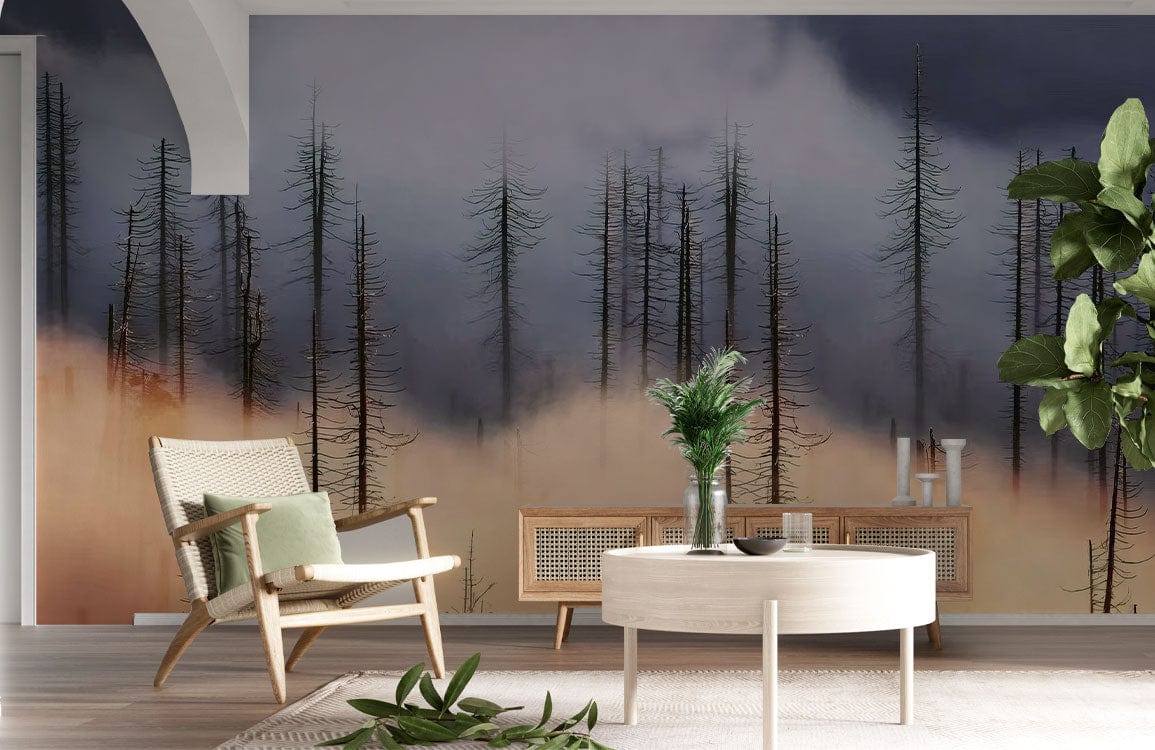 Papier peint mural de bouleaux orange et bleu dans un salon moderne avec mur forestier