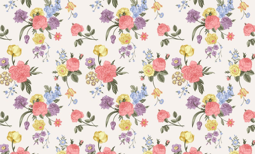 Papier peint mural avec motifs floraux colorés et légers sur fond clair