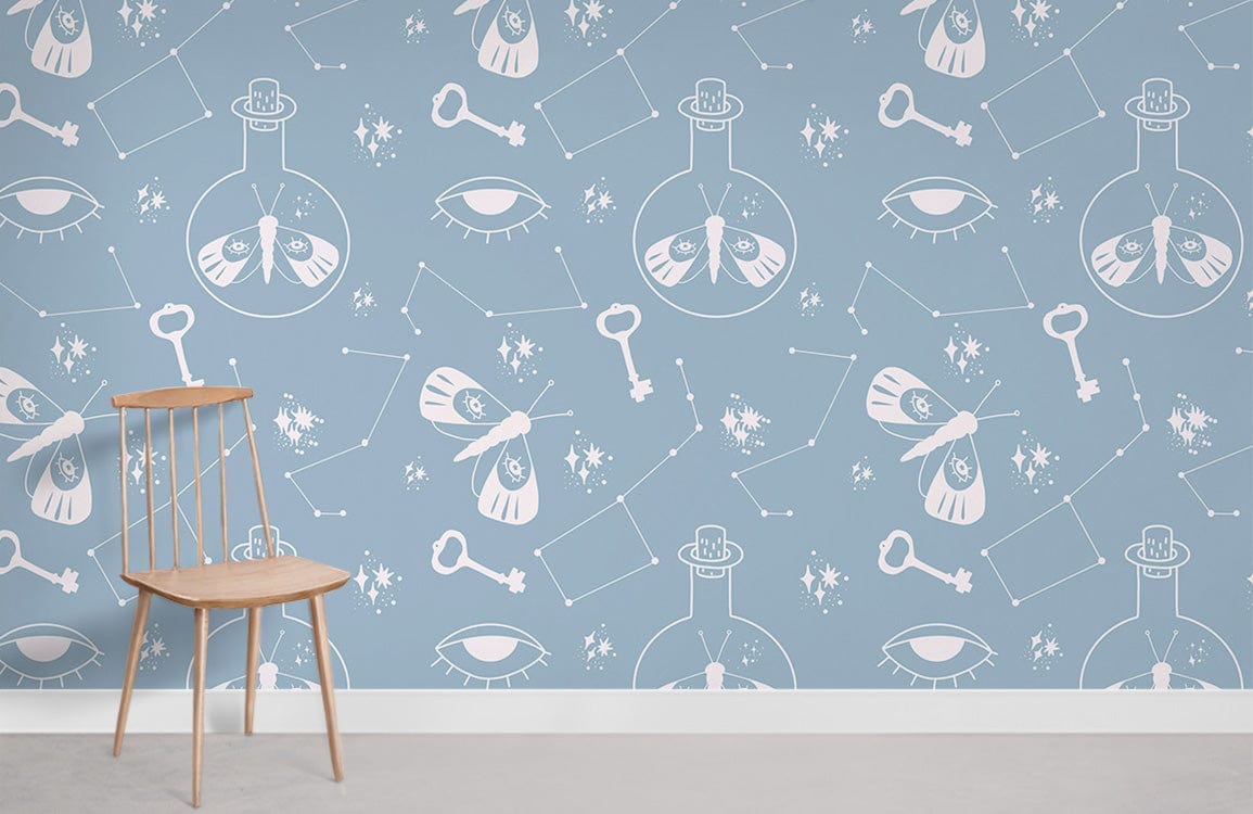 Papier peint mural de bouteilles dessinées au trait avec motifs de papillons et constellations, touche unique pour votre peinture murale
