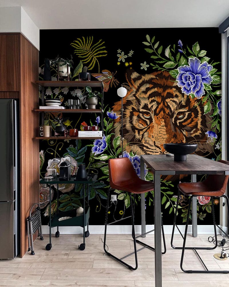 Papier peint mural de broderie avec motif de tigre vectorisé - Le meilleur Papier peint panoramique Sur mesure