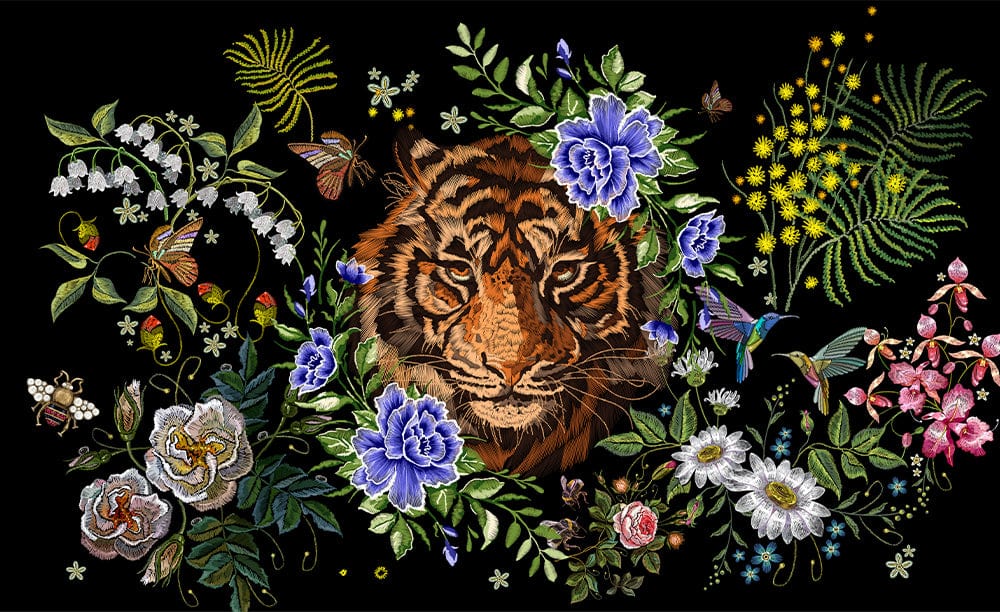 Papier peint mural de broderie avec motif de tigre vectorisé - Le meilleur Papier peint panoramique Sur mesure