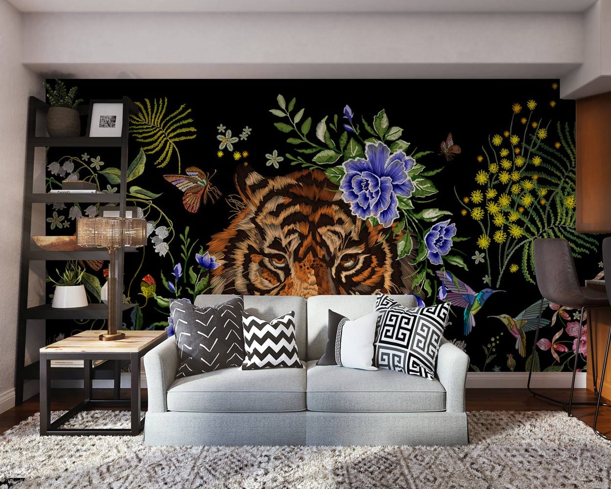 Papier peint mural de broderie avec motif de tigre vectorisé - Le meilleur Papier peint panoramique Sur mesure