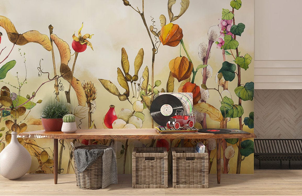 Console en bois à bord vivant avec papier peint mural de buisson de coton
