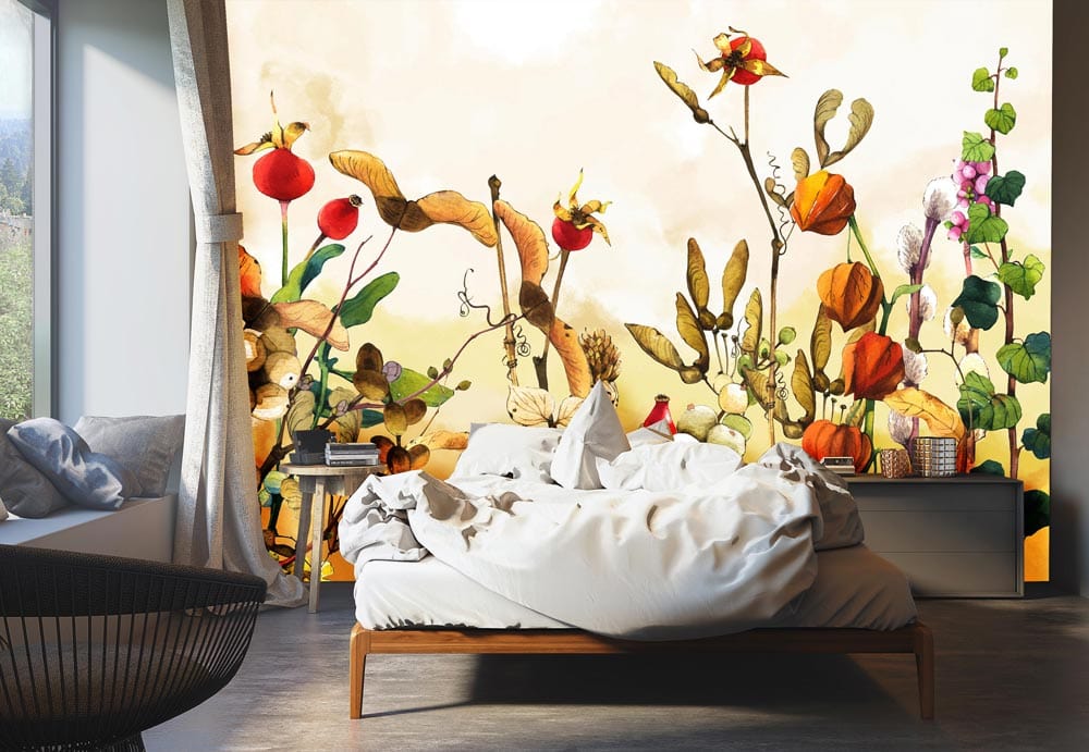 Papier peint mural de buisson de coton dans une chambre moderne avec mur botanique vibrant