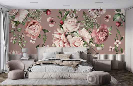 Papier peint mural de buisson de fleurs roses (80 caractères) - Le meilleur Papier peint panoramique Sur mesure