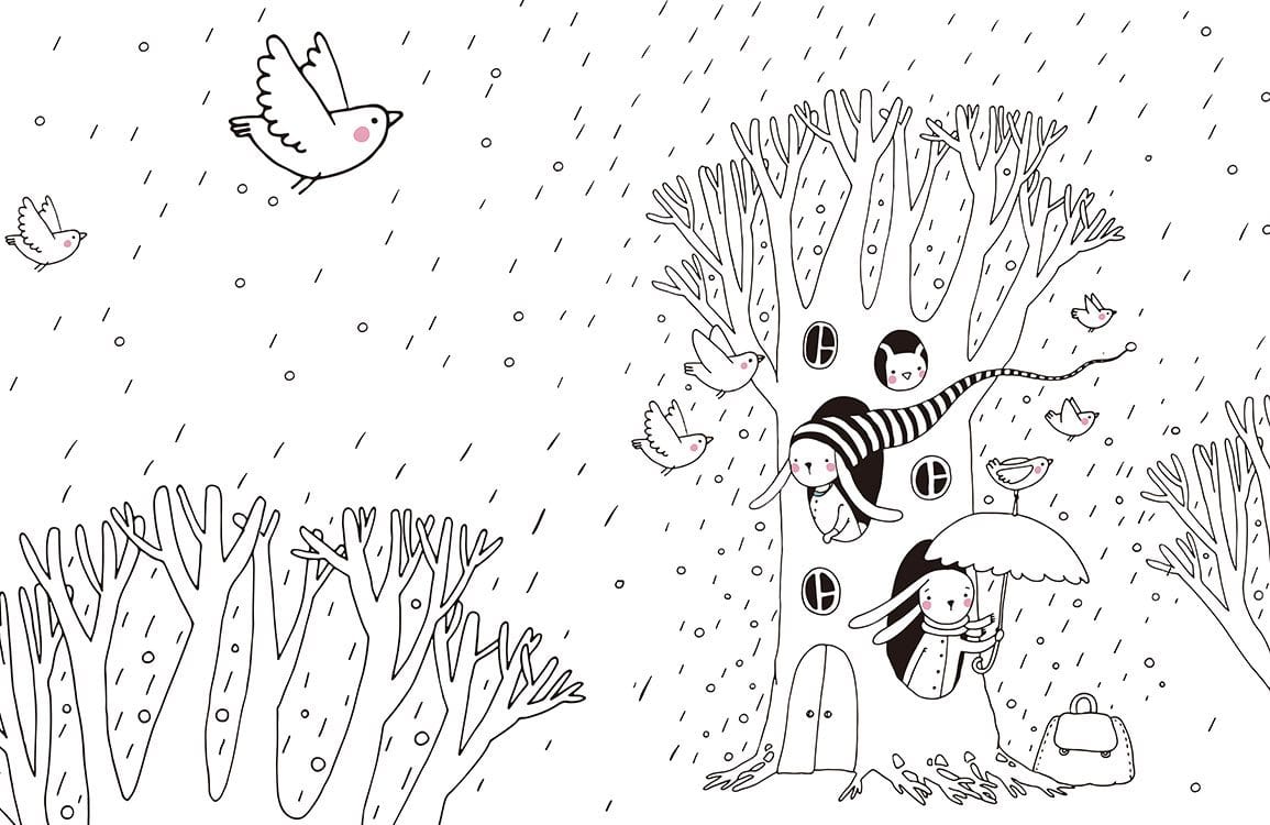 Papier peint mural de cabane dans les arbres avec lapins et oiseaux en hiver