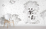 Papier peint mural Arbre féerique avec lapins et oiseaux en noir et blanc - Vignette | Mr Papier Peint