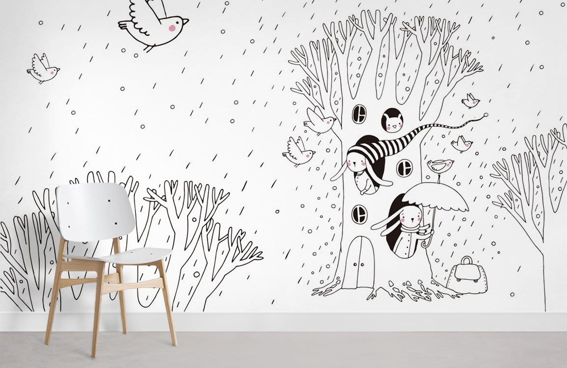 Papier peint mural de cabane dans les arbres avec animaux, pluie et design cartoon noir et blanc