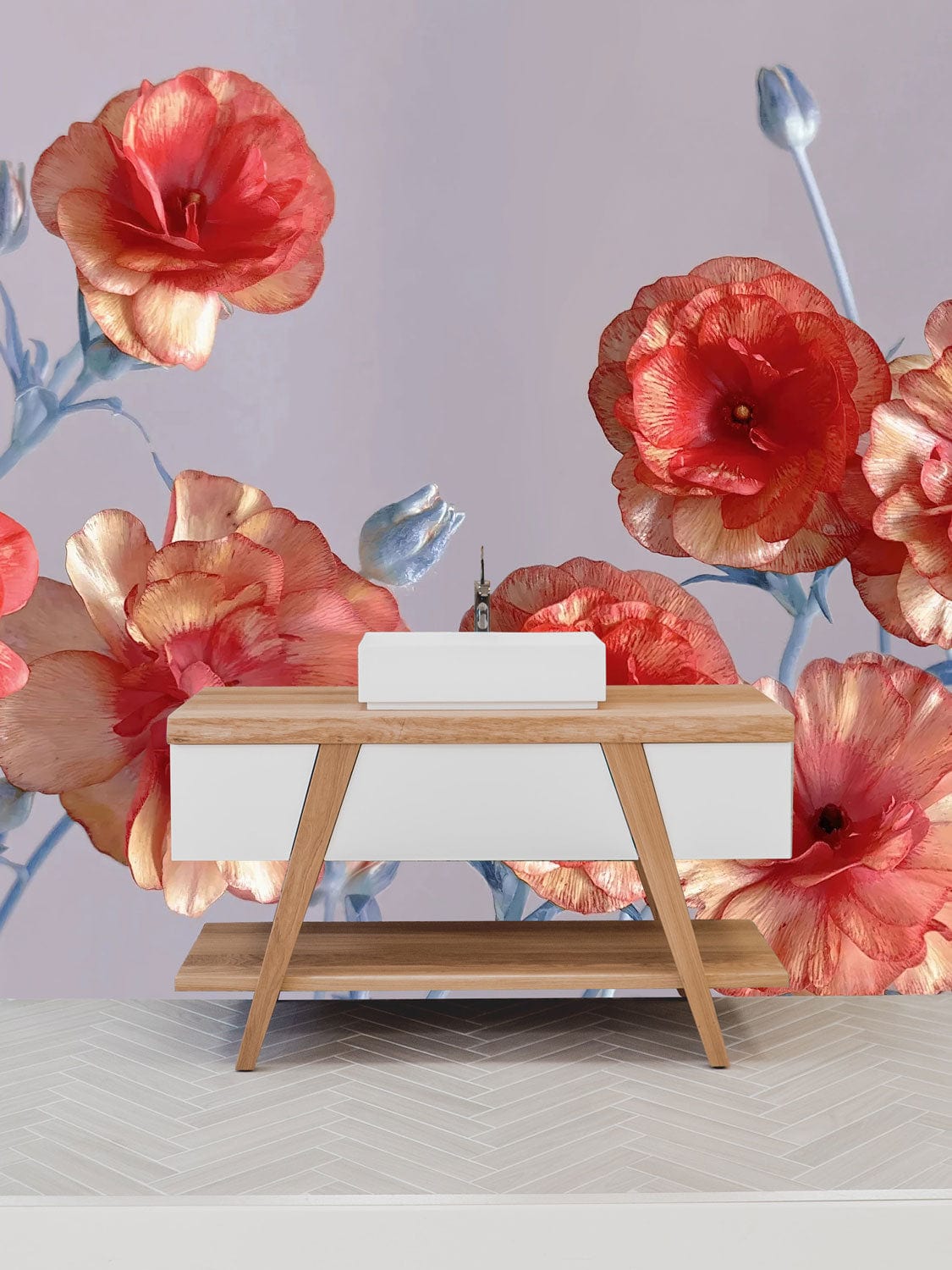 Vanité en bois avec bassin blanc et étagère inférieure, idéal pour papier peint mural