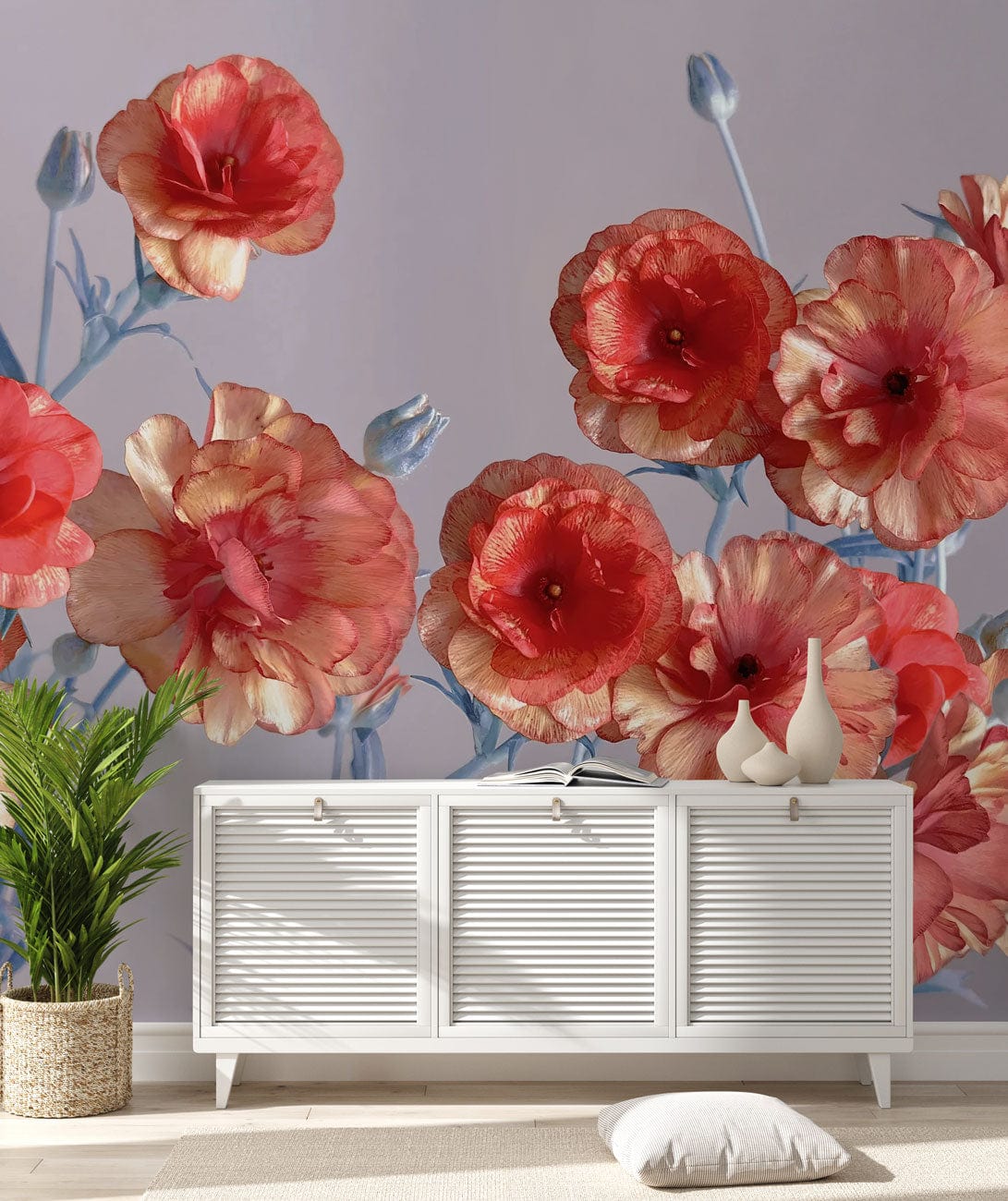 Console blanche avec portes louverées, idéale pour papier peint mural de camélias frais