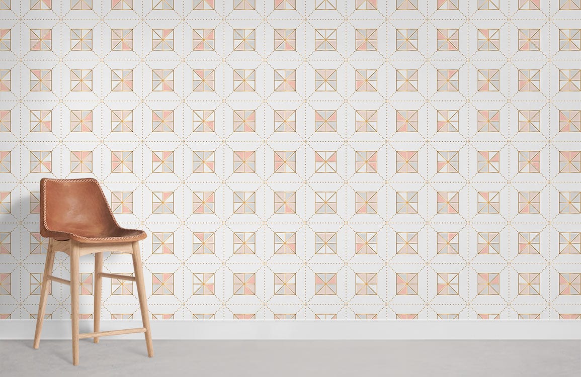 Bar stool en faux cuir brun et bois clair avec papier peint mural carrés géométriques