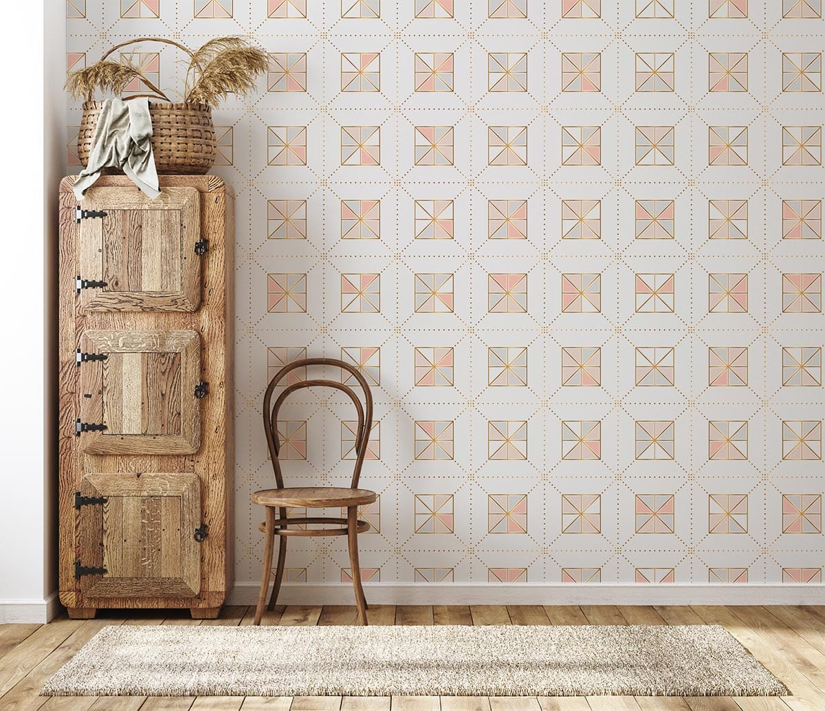 Papier peint mural de carrés géométriques horizontaux avec qualité d’impression en rose, gris, or