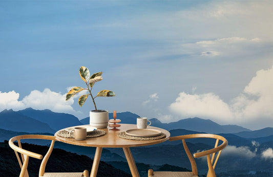 Papier peint mural montagne, décor dining en bois pour deux avec vue sur la montagne