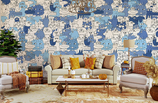 Image d’un salon avec canapé et fauteuils, papier peint mural dessin d’animal bleu