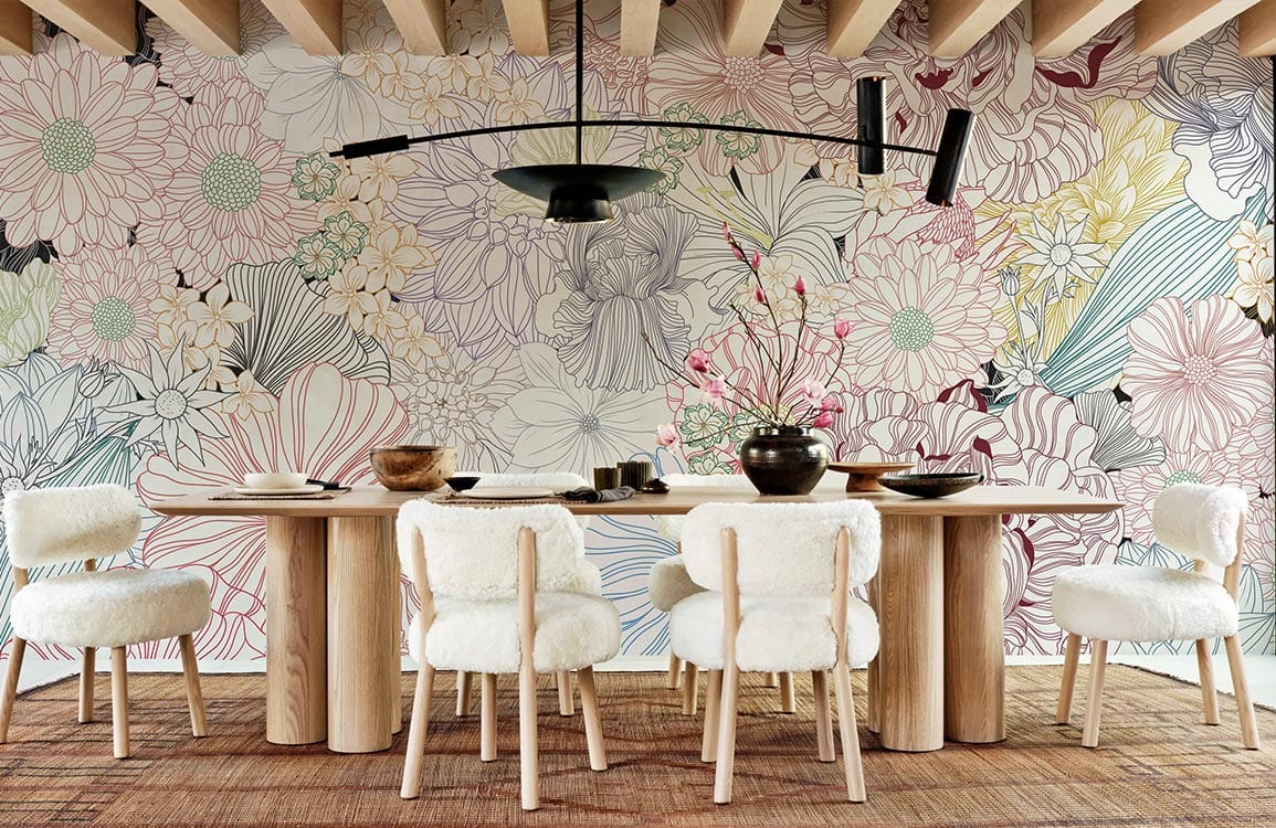 Papier peint mural de fleurs dessinées en lignes colorées - Le meilleur Papier peint panoramique Sur mesure