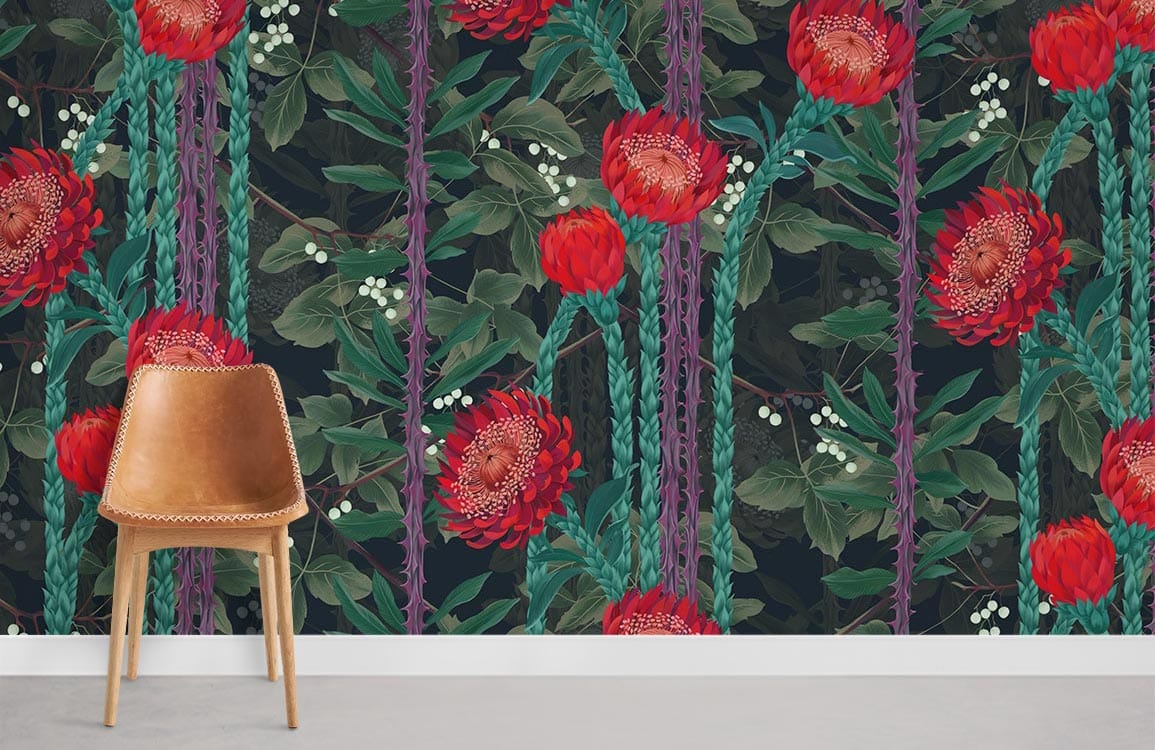 Chaise en cuir marron avec cadre en bois clair, idéale pour votre papier peint mural fleurs épineuses