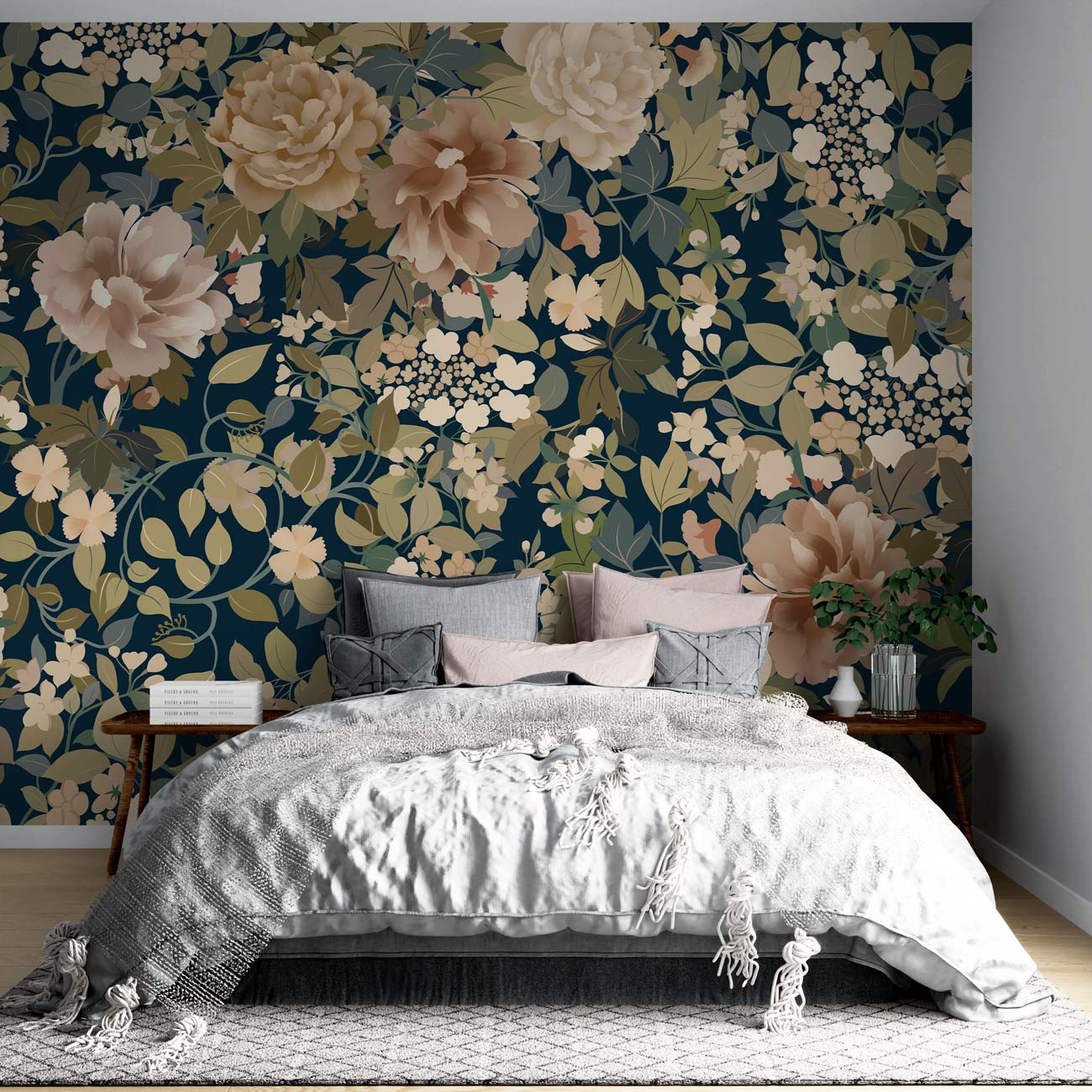 Papier peint mural de fleurs avec tête de lit en papier peint floral sombre