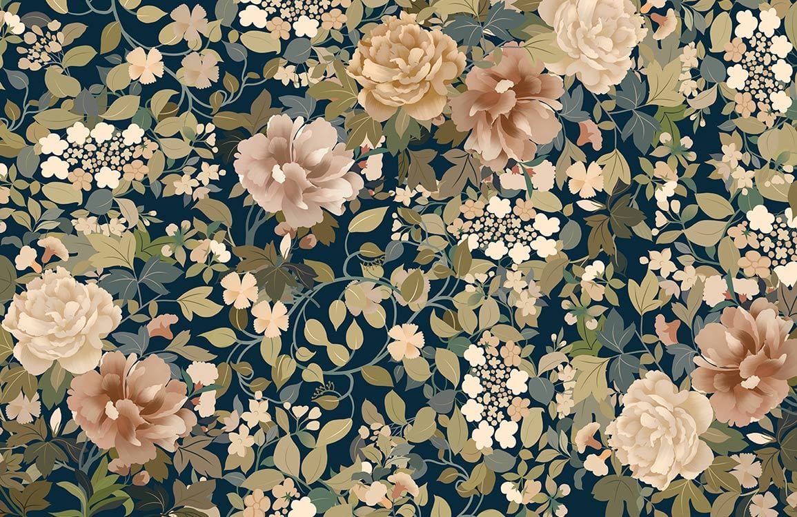 Papier peint mural floral avec fleurs et feuilles sur fond sombre, décoration murale élégante