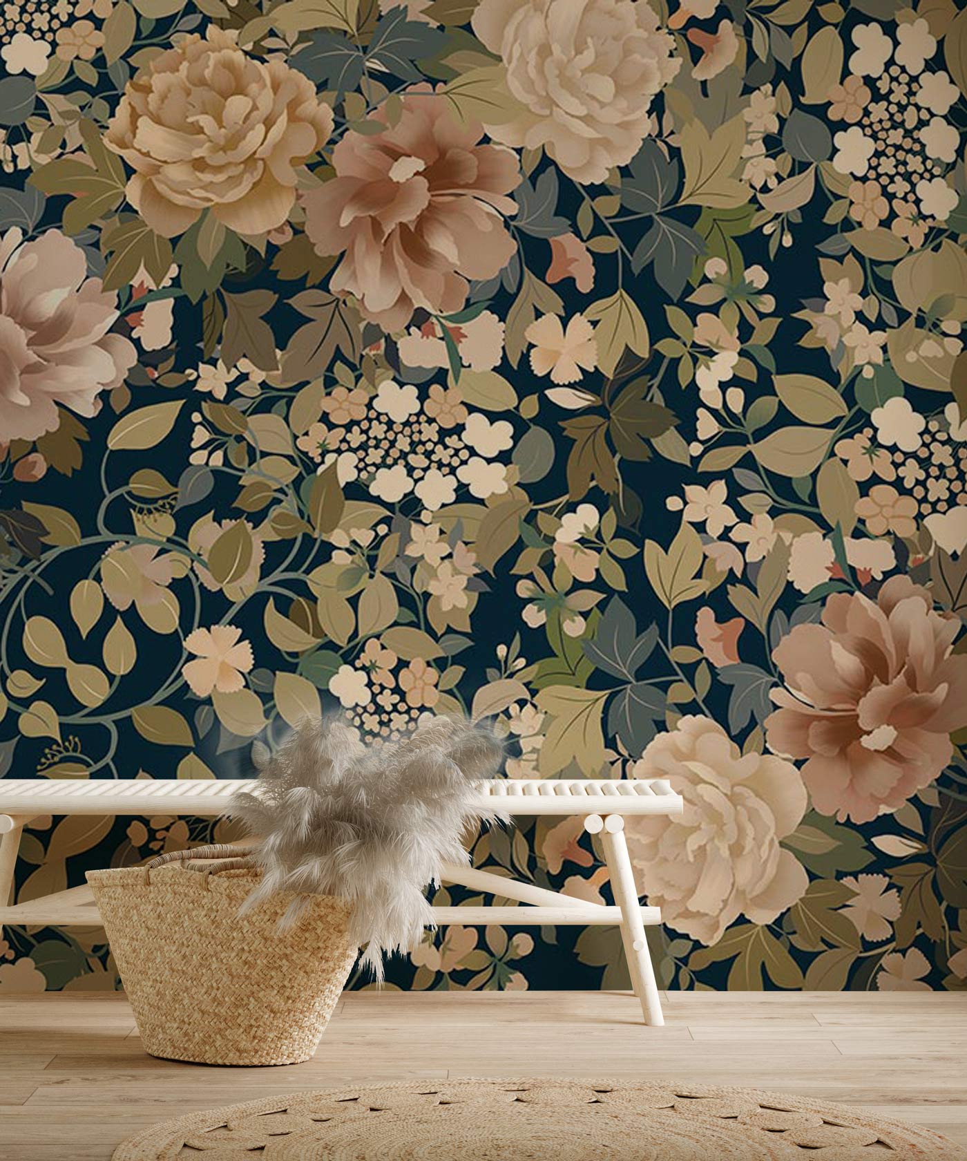 Papier peint mural floral sombre avec grandes fleurs claires pour décoration intérieure
