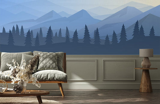 Papier peint mural panoramique de forêt de montagne dans un salon cosy, peinture personnalisée