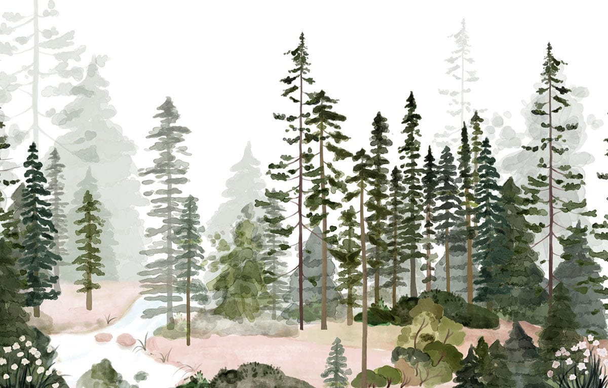 Papier peint mural de forêt vibrante en aquarelle - Le meilleur Papier peint panoramique Sur mesure