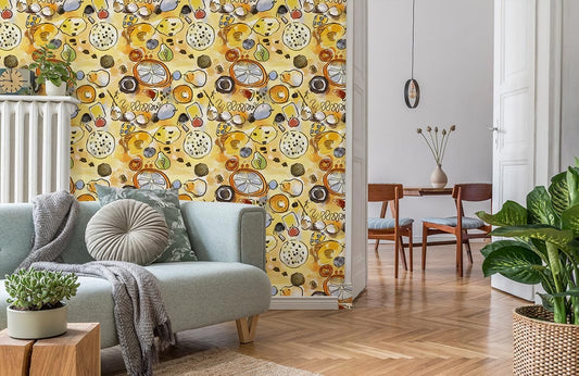 Sofa deux places bleu clair avec coussin texturé et plaid gris, idéal pour un papier peint mural fruité