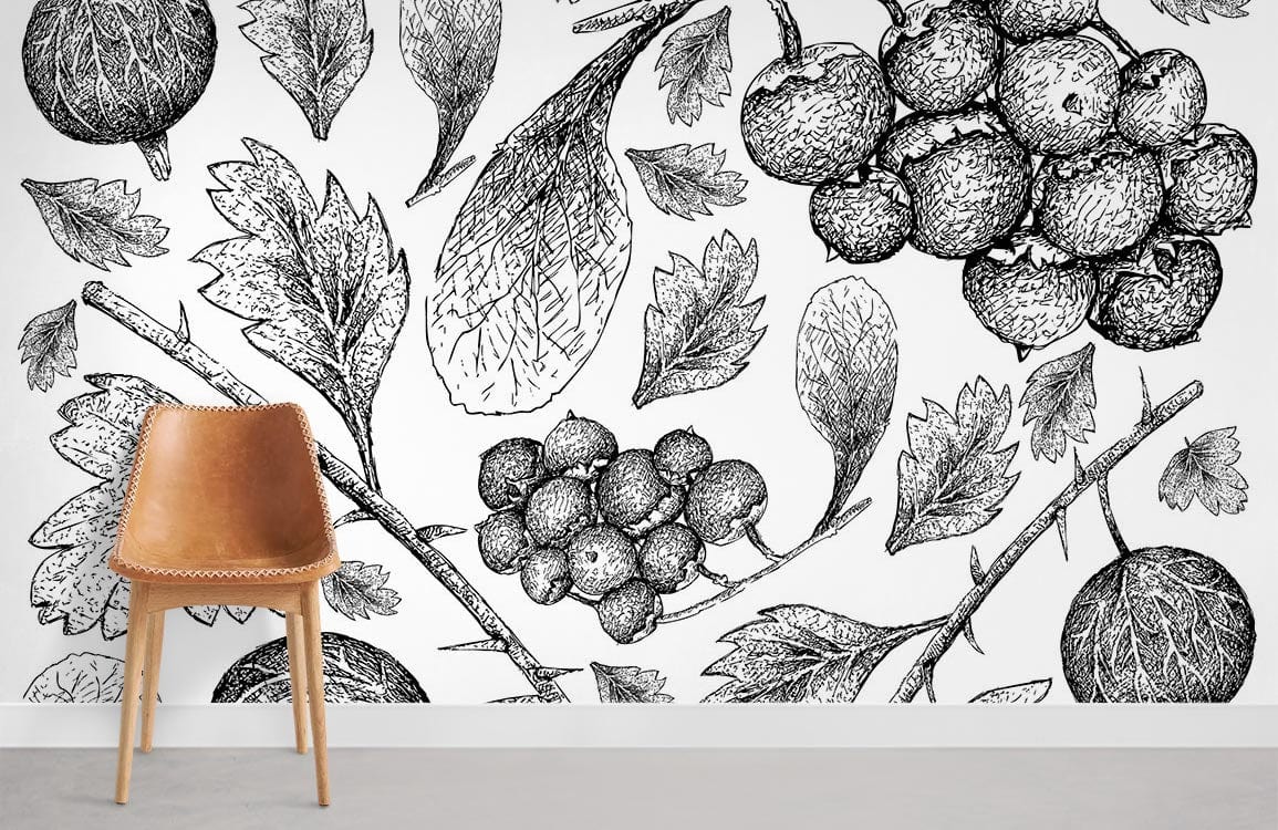 Papier peint mural de fruits dessinés au trait - Le meilleur Papier peint panoramique Sur mesure