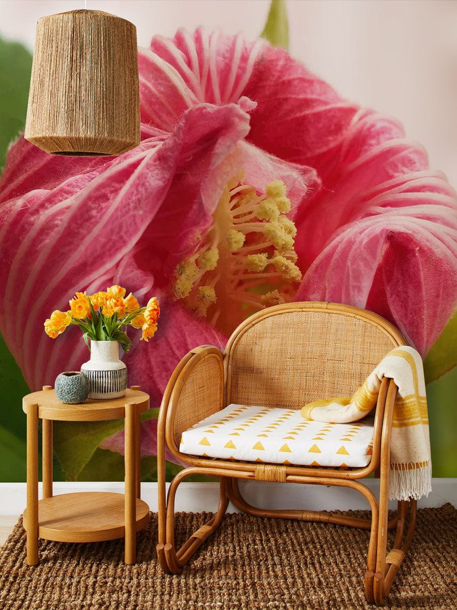 Chaise lounge en rotin avec coussin à motif jaune et blanc, idéal pour un mural jeunes hibiscus