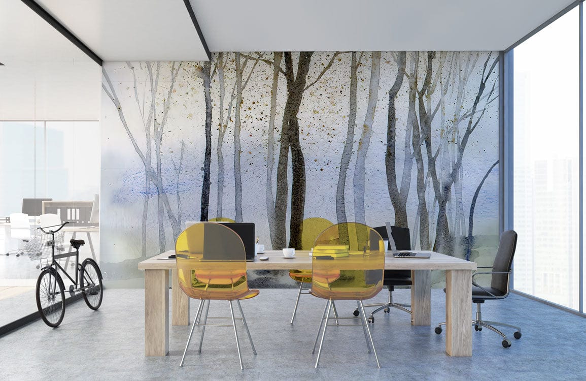 Papier peint mural moderne avec forêt, chaises jaunes transparentes dans un bureau